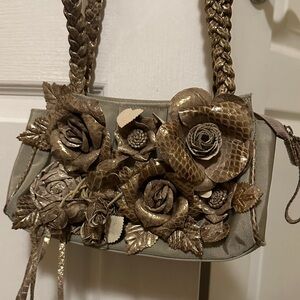 Elegant Floral Embellished Tan Shoulder Bag